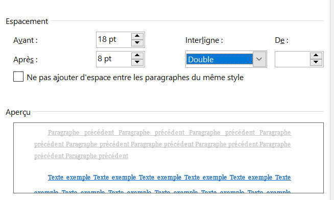 Comparaison visuelle de trois paragraphes avec un interligne simple, un interligne de 1,5 et un interligne double