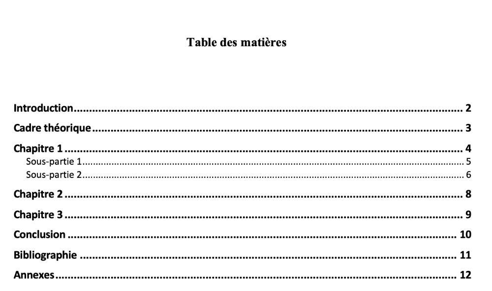 Exemple de table des matières avec des titres hiérarchisés et des numéros de page